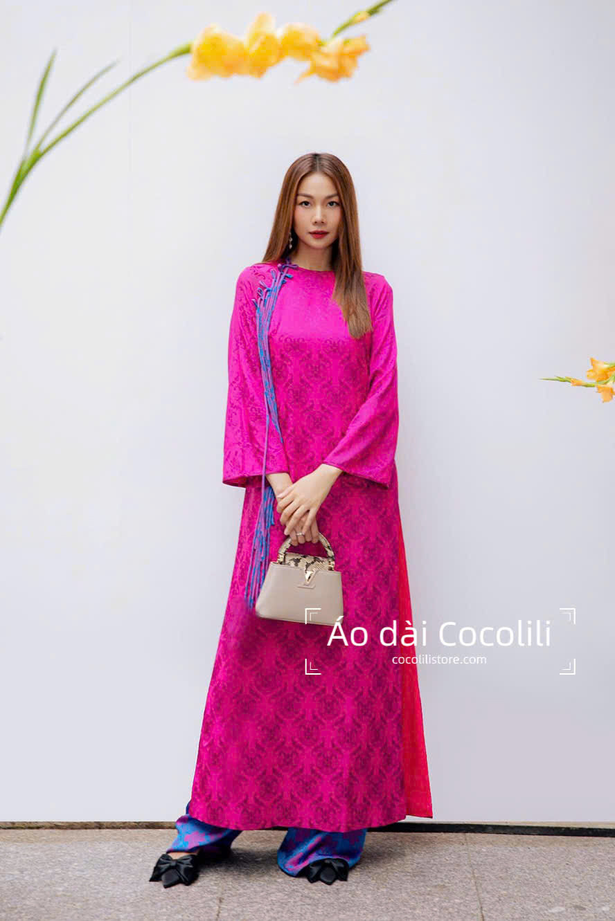 HD93 3367 Áo + quần nha xá - Áo dài dáng suông 2 tà lụa nha xá màu hồng sen
