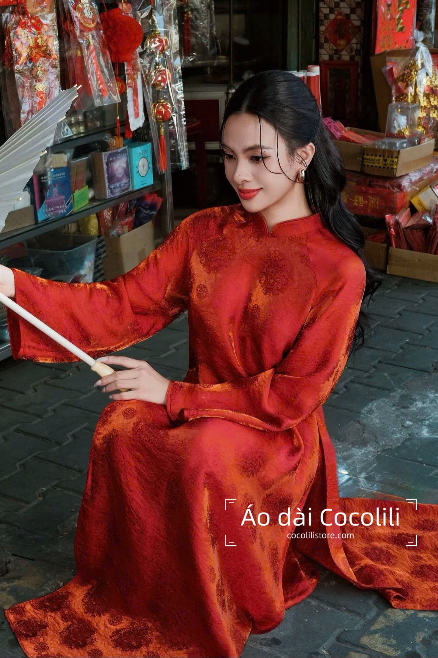 H634 4172 Áo only no pants - Áo dài dáng suông 2 tà tằm tencel ánh kim màu cam