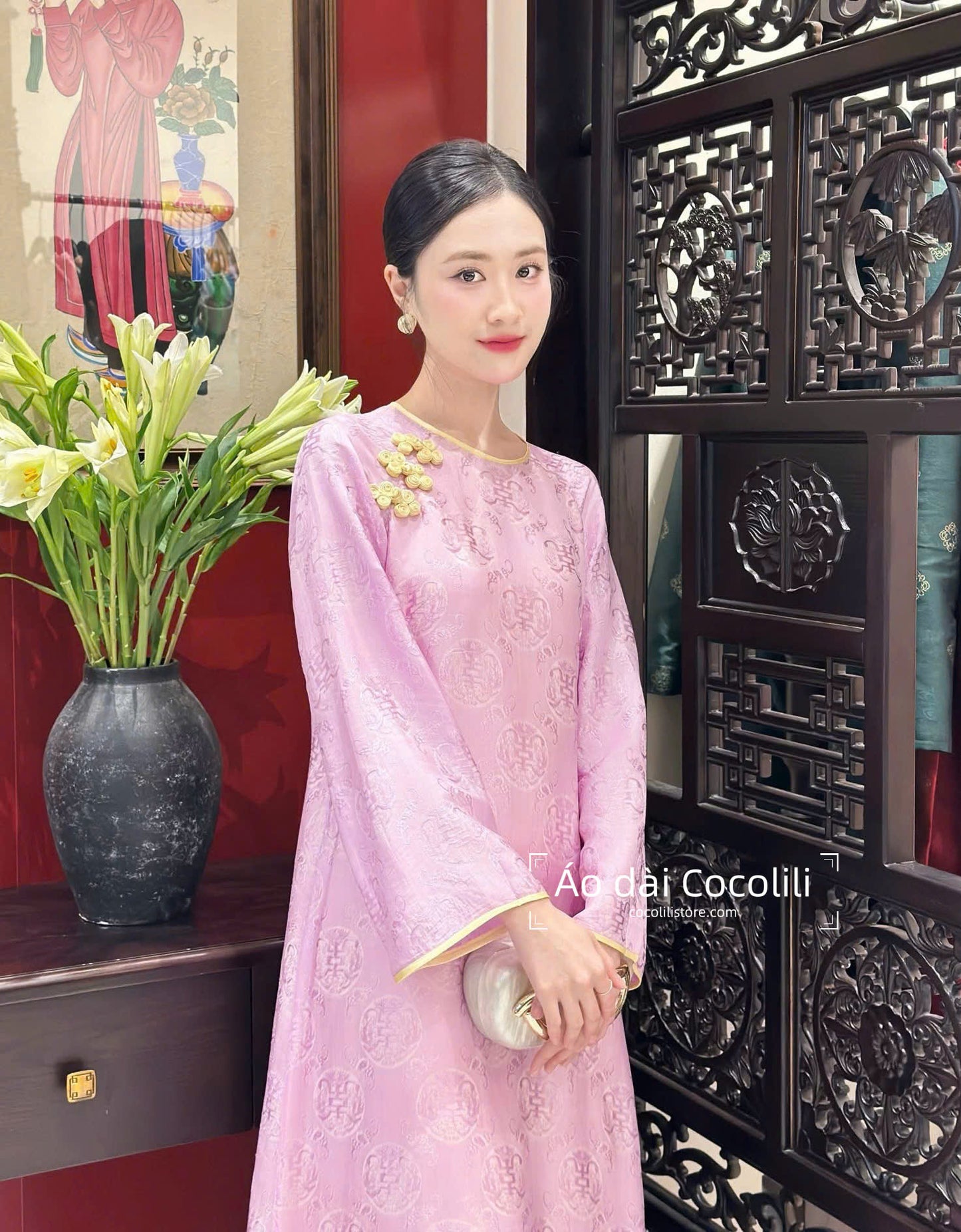 HD154 Áo + quần nha xá - Áo dài dáng suông 4 tà lụa nha xá màu hồng