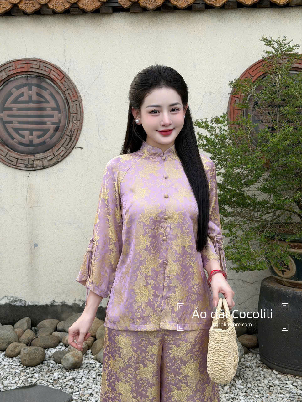 BB107 3497 - Set bà ba lụa 2 da màu tím cà ánh vàng
