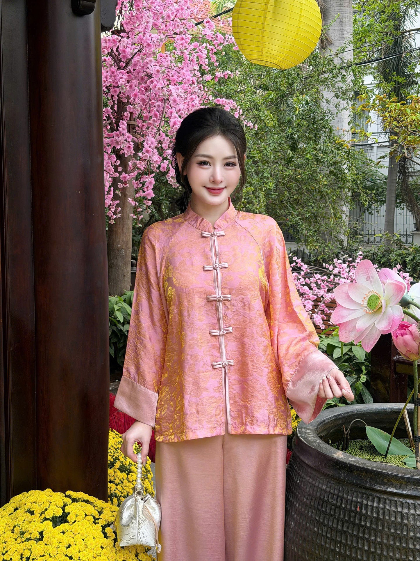 BB51 3548 - Set bà ba lụa tằm ánh kim tencel màu hồng
