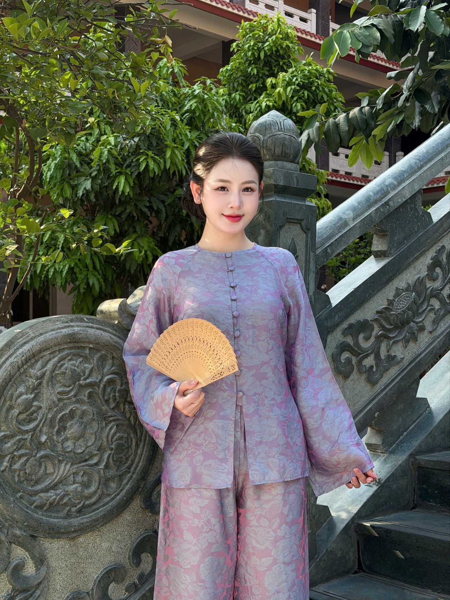 BB138 3718 - Set bà ba lụa tằm ánh kim tencel màu tím cà