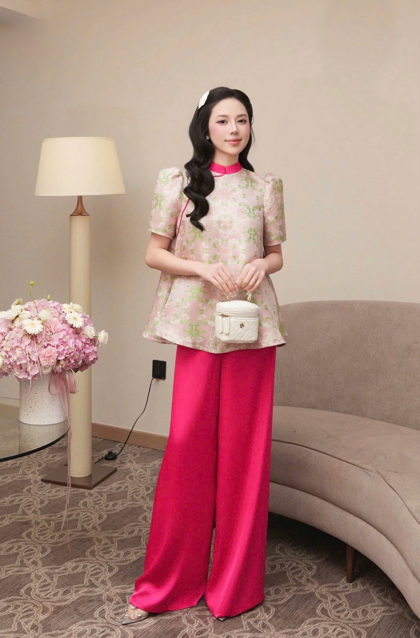BB149 3782 - Set bà ba gấm tay bồng màu hồng