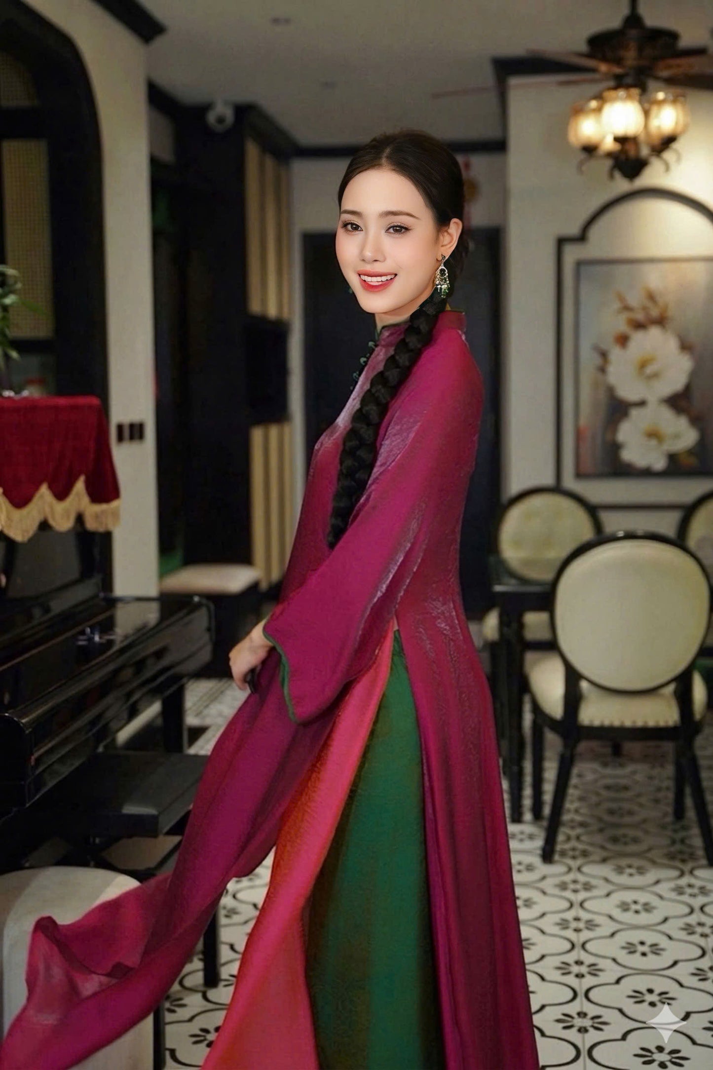 M560 Áo + quần tằm tencel - Áo dài dáng suông 4 tà lụa tằm ánh kim tencel