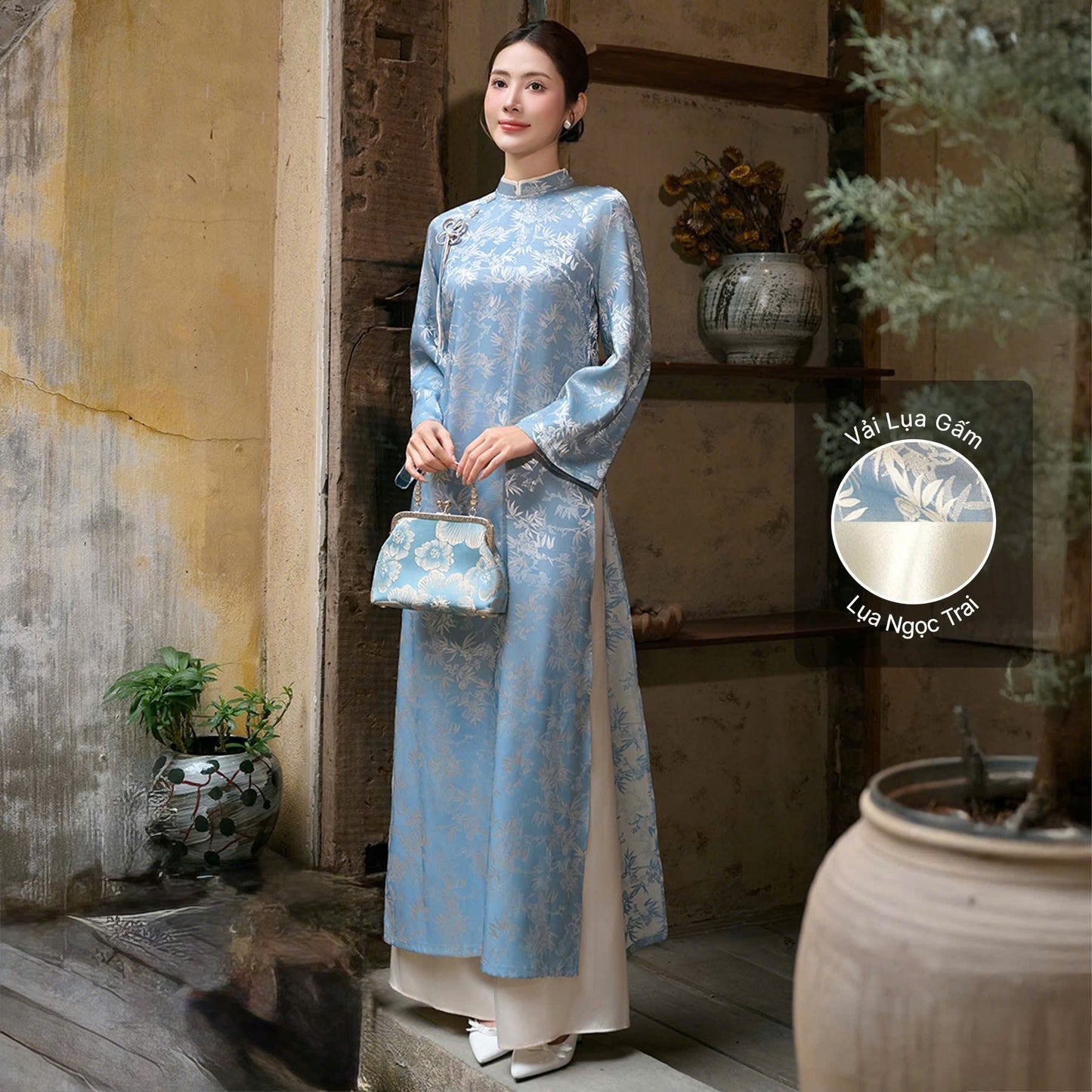 M5610 3965 Áo Only No pants - Áo dài dáng suông lụa gấm trúc