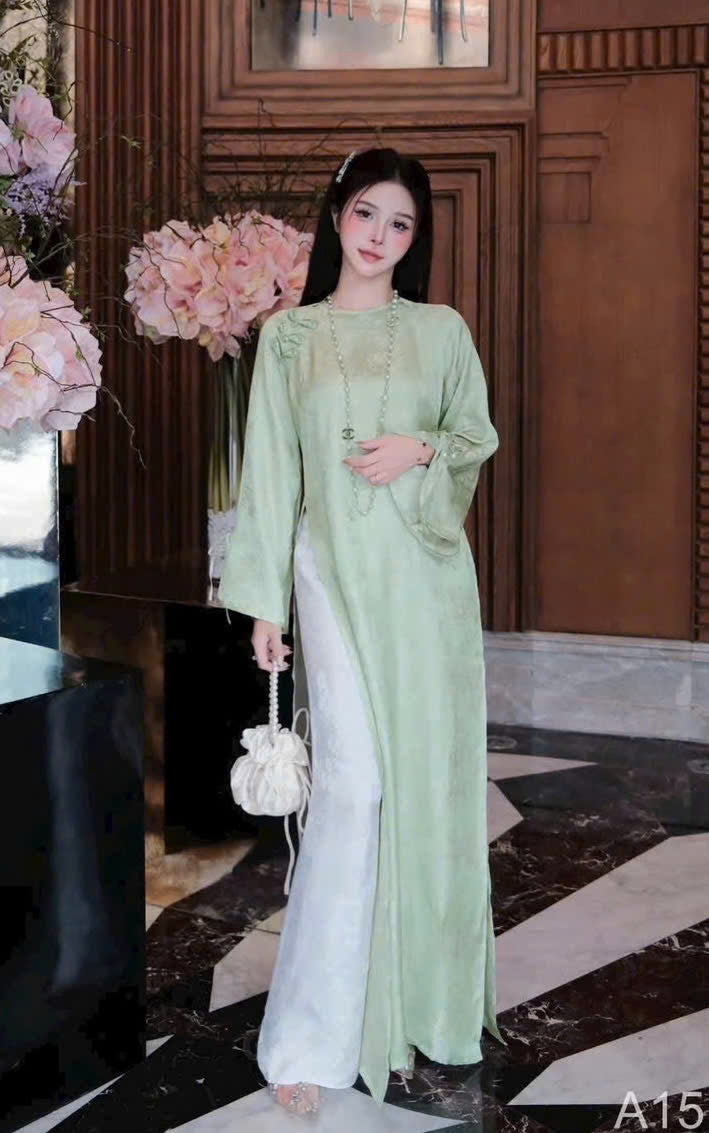 H671 3961 Áo only no pants - Áo dài dáng suông 2 tà màu xanh mint