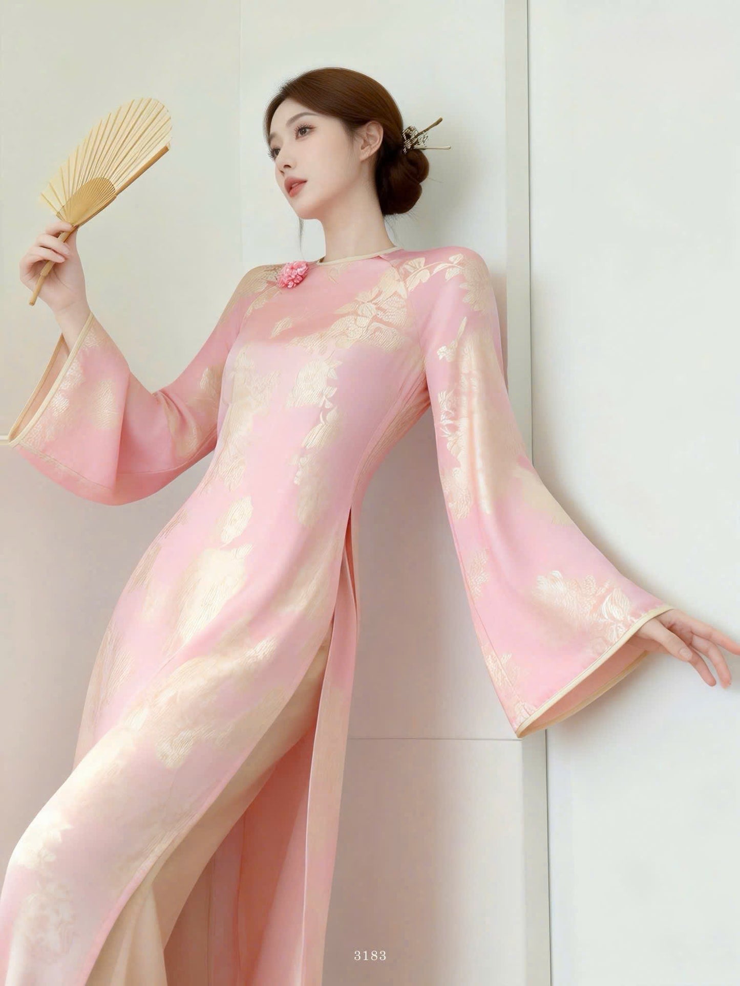 H710 3984 Áo only no pants - Áo dài dáng suông 2 tà tằm silk óng màu hồng phấn