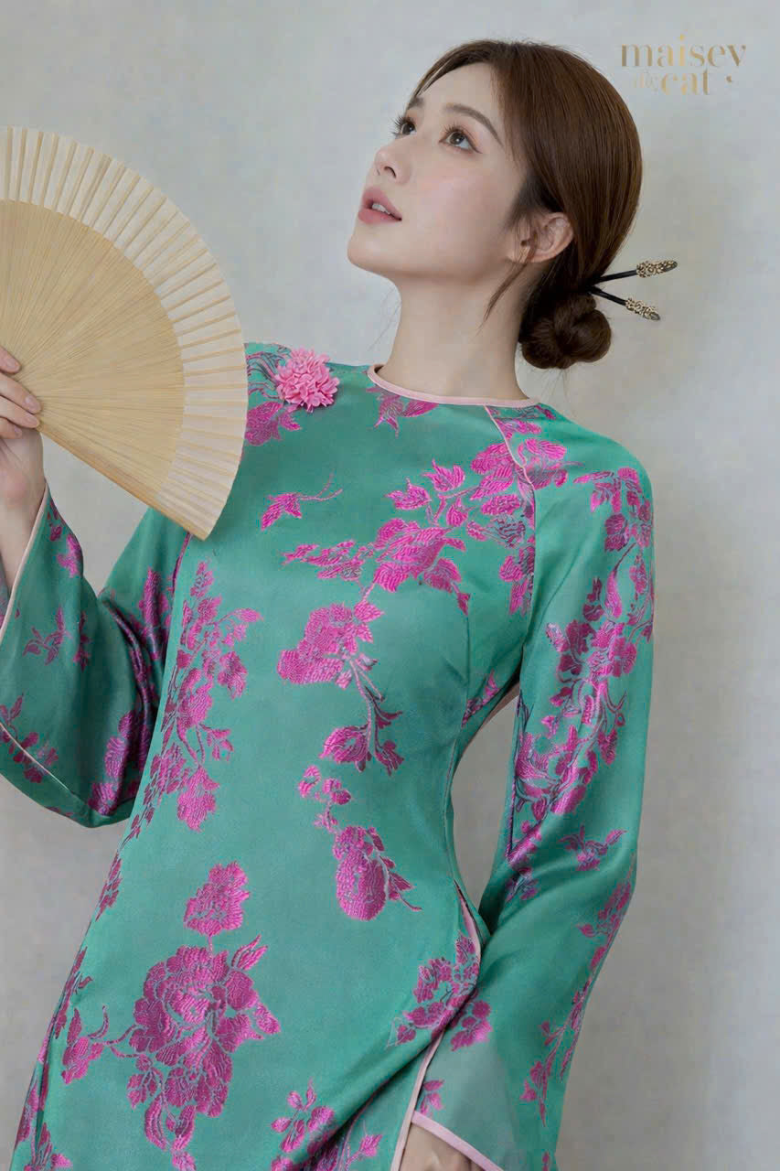 H711 3985 Áo only no pants - Áo dài dáng suông 2 tà tằm silk óng màu xanh ánh tím