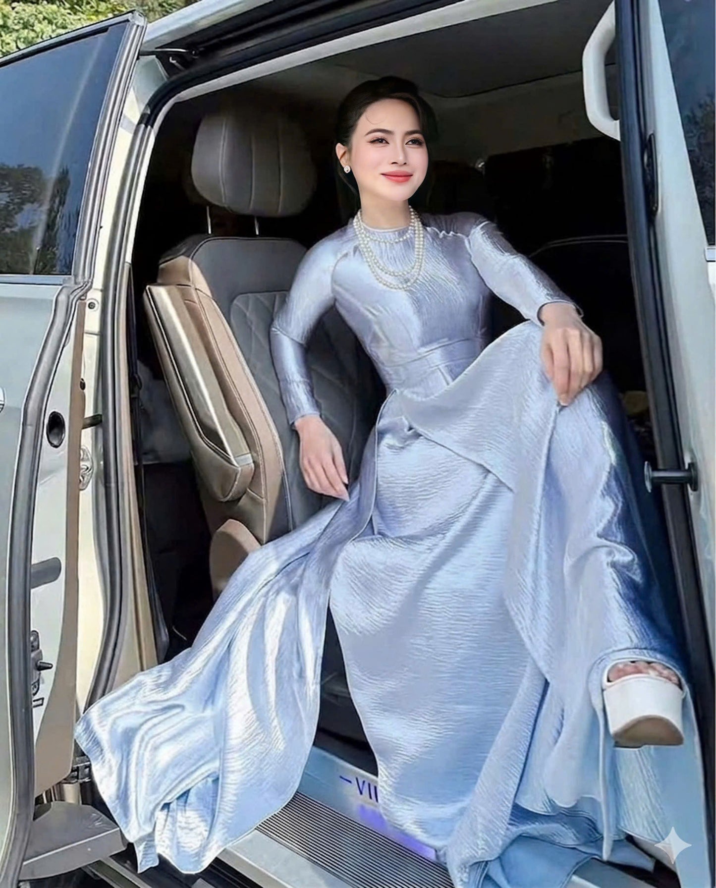 M565 3990 Áo + quần váy - Áo dài dáng truyền thống chiết li eo lụa tằm titan màu xanh blue