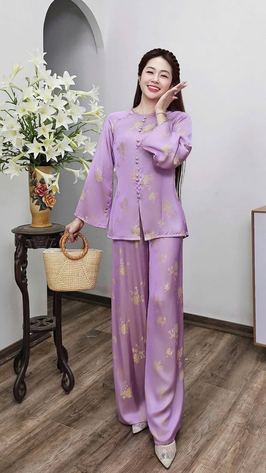 BB202 4081 - Set bà ba lụa tằm 2 da màu tím cà