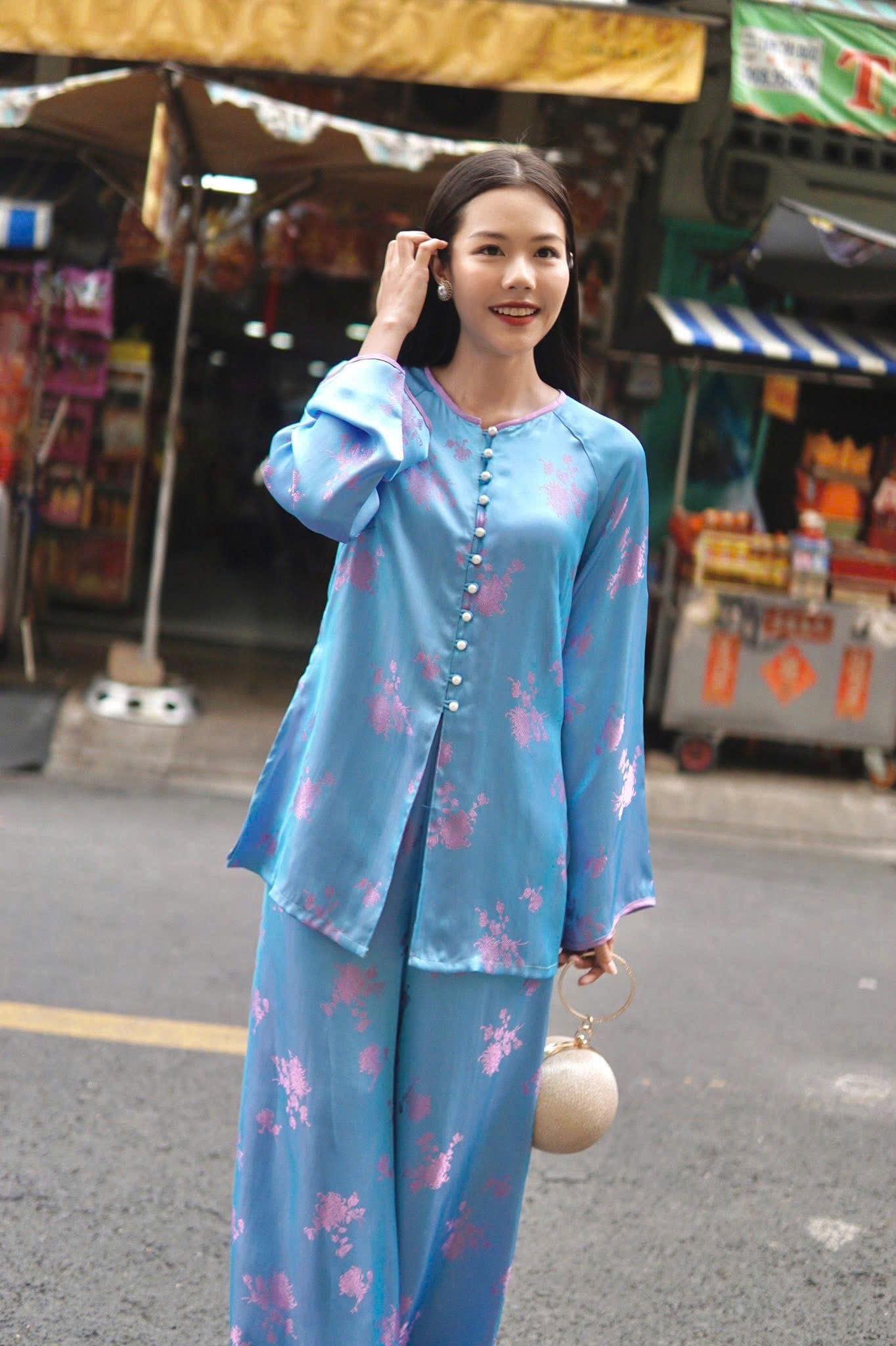 BB206 4097 - Set bà ba lụa tằm 2 da xanh ánh tím