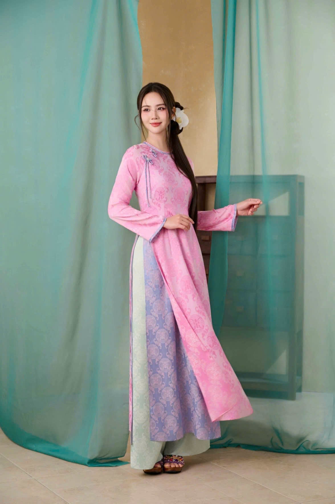 M576 4102 Áo + quần thọ dơi - Áo dài dáng truyền thống chiết li eo lụa gấm thọ dơi