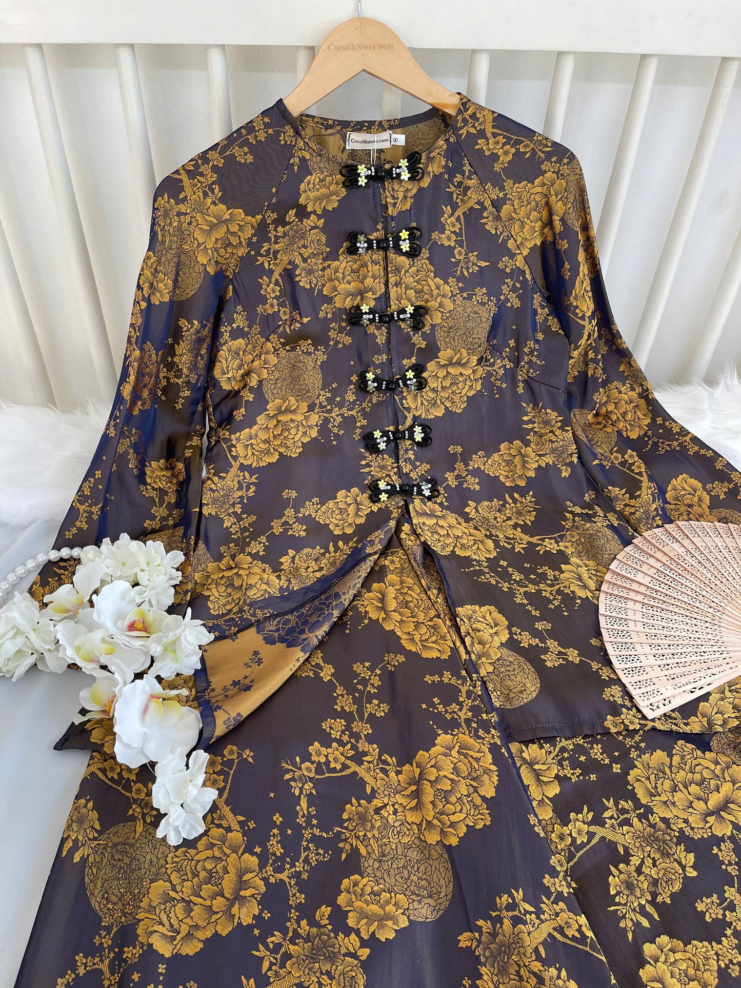 BB207 4132 - Set bà ba lụa silk óng màu đen ánh vàng