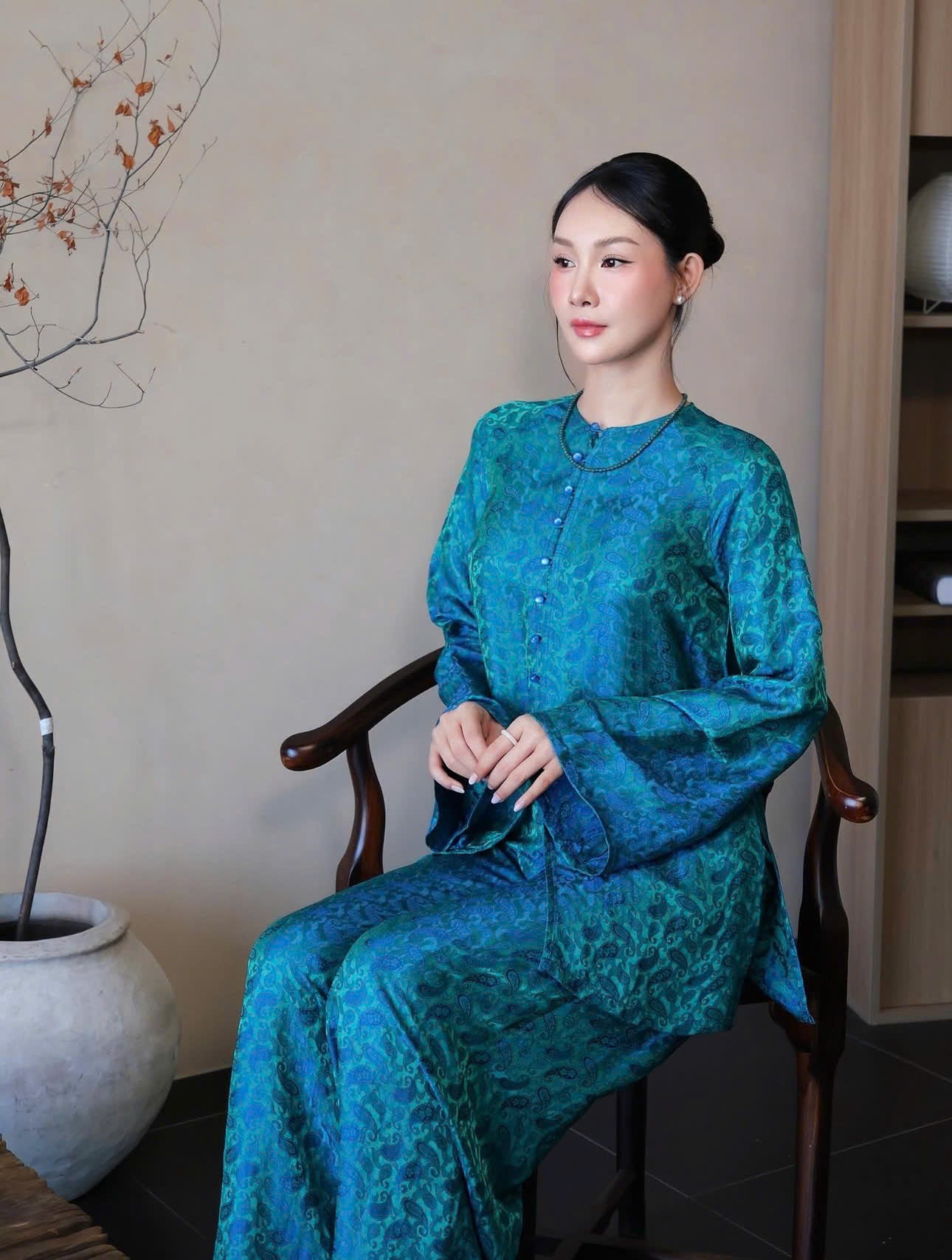 BB215 4138 - Set bà ba lụa nha xá lông công màu xanh