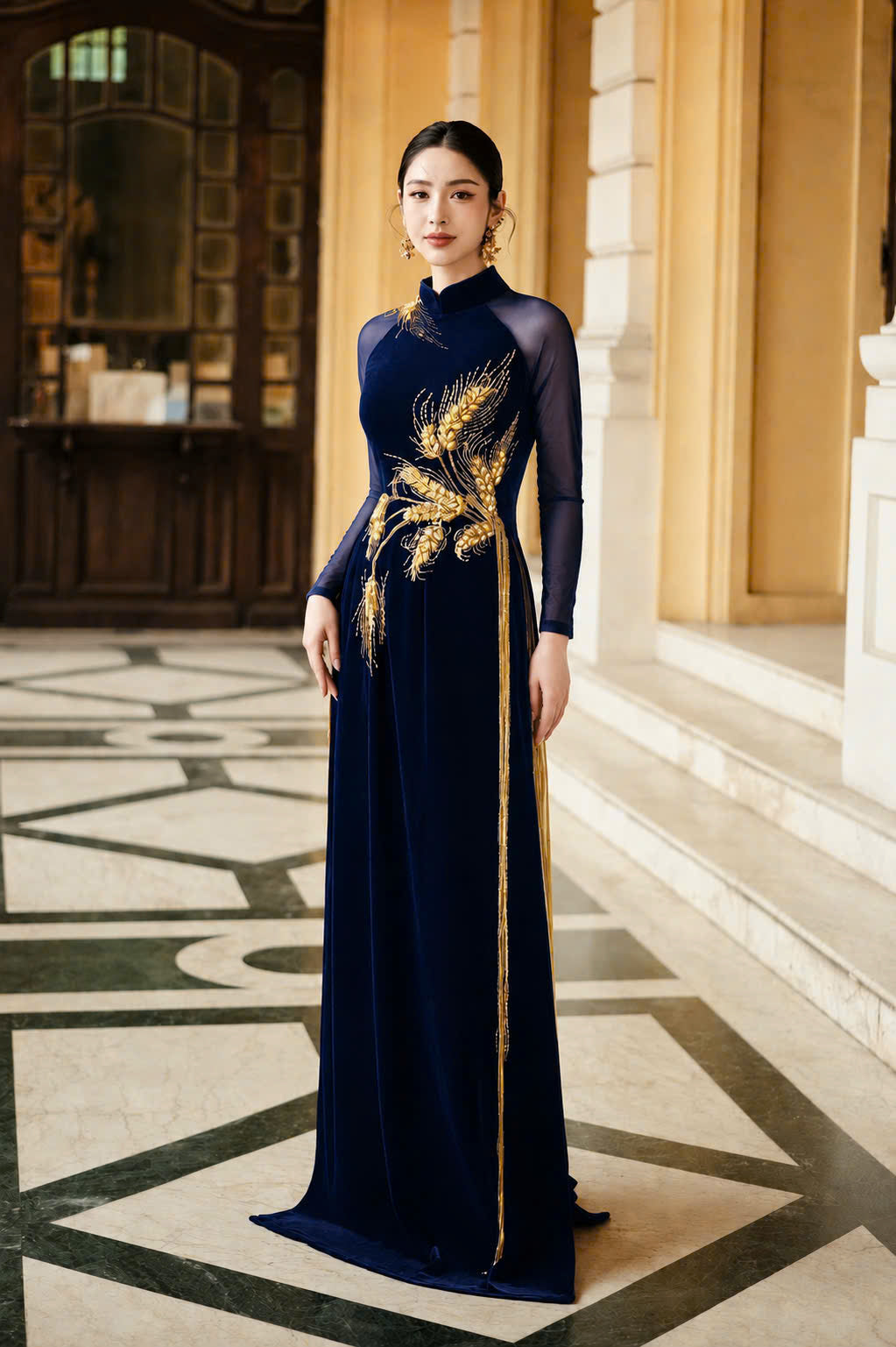 S334 4145 Áo only no pants - Áo dài thiết kế chiffon 4 tà đính kết