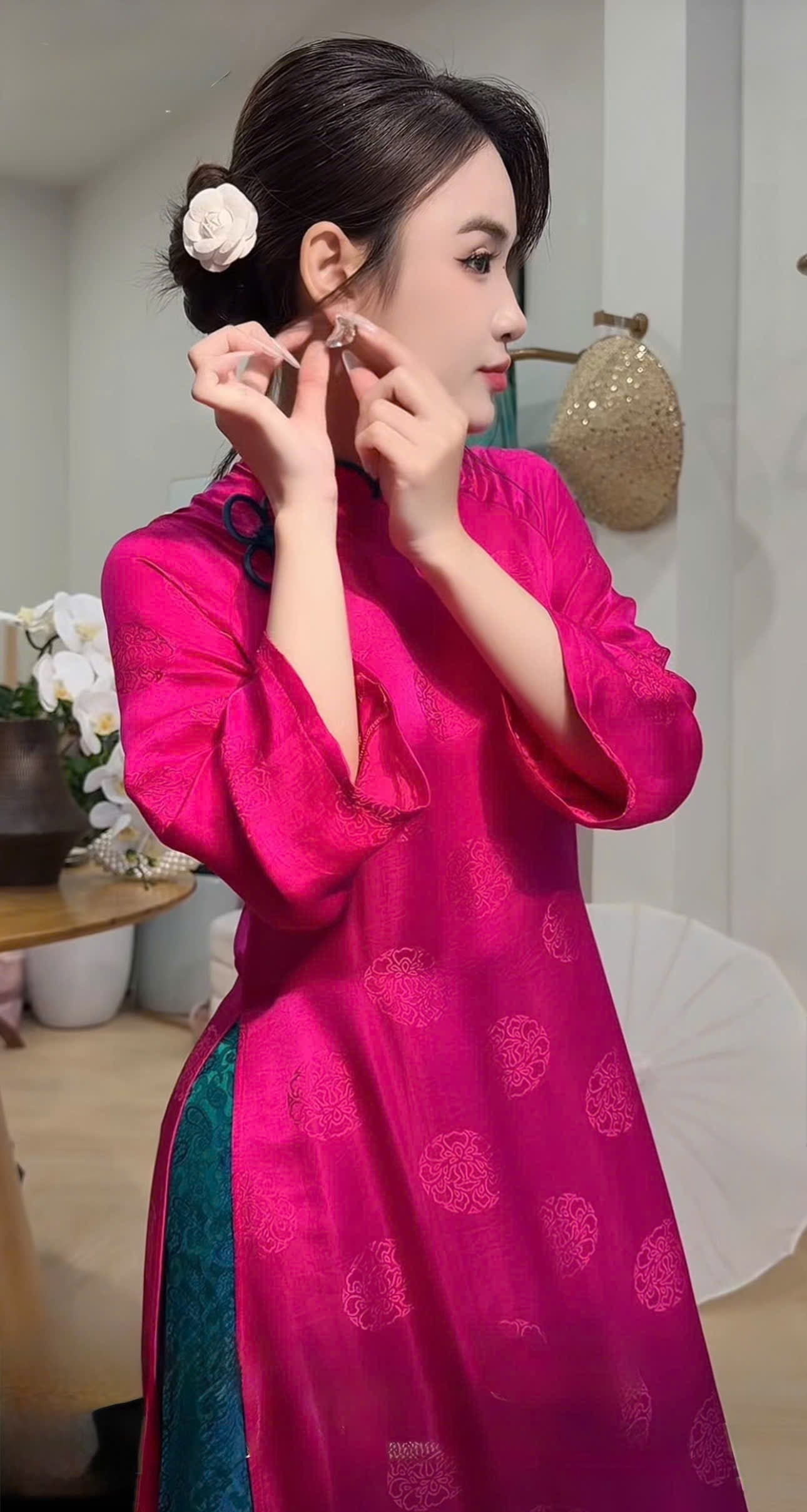 HD142 4191 Áo + quần nha xá - Áo dài dáng suông 2 tà lụa nha xá màu hồng sen