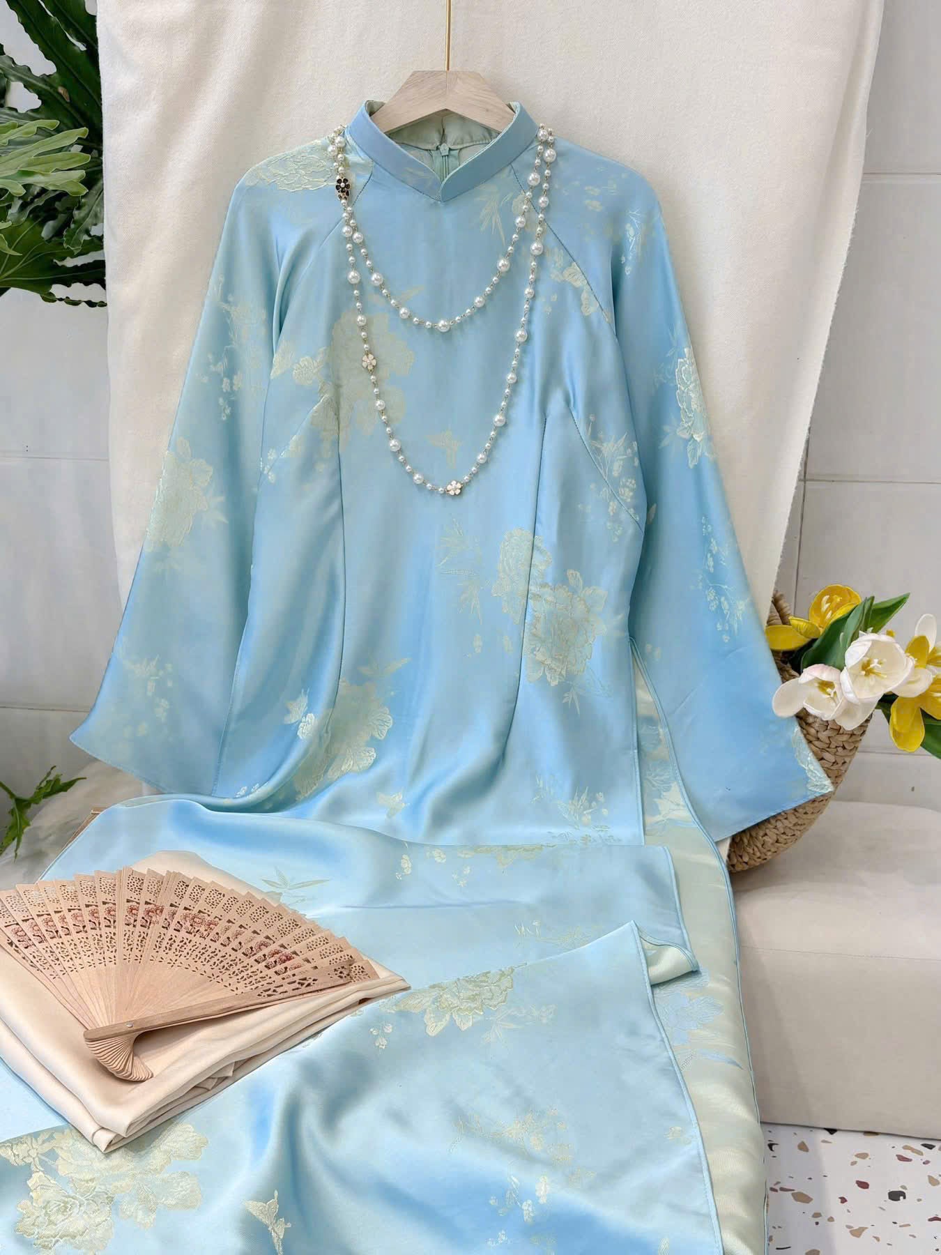 H788 4260 Áo only no pants - Áo dài dáng truyền thống chiết li eo màu xanh blue