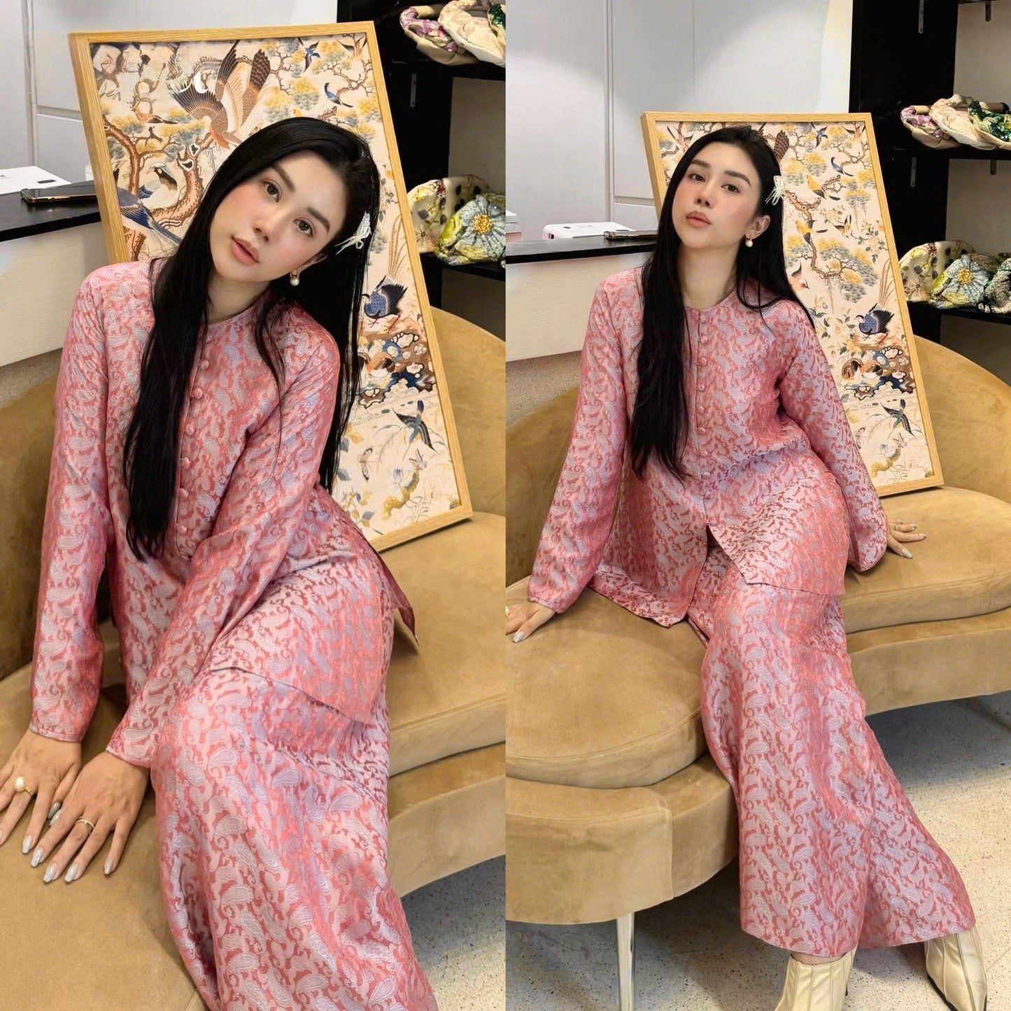 BB249 - Set bà ba lụa nha xá lông công màu hồng cam