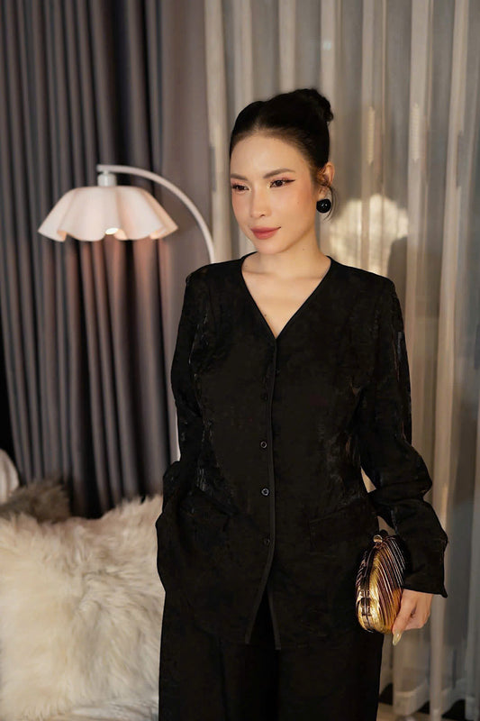 BB2741 4597 - Set bà ba cổ tim lụa tằm ánh kim tencel màu đen