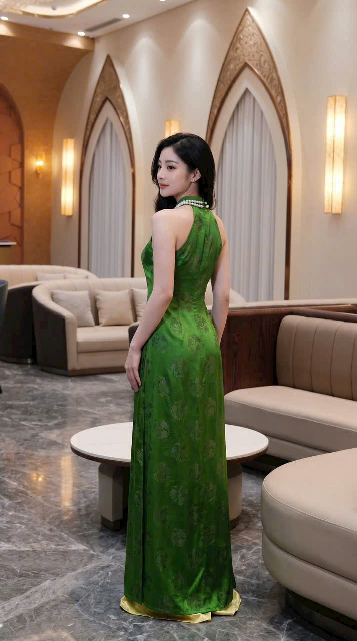 Y49 4598 - Áo dài cổ yếm màu xanh lá