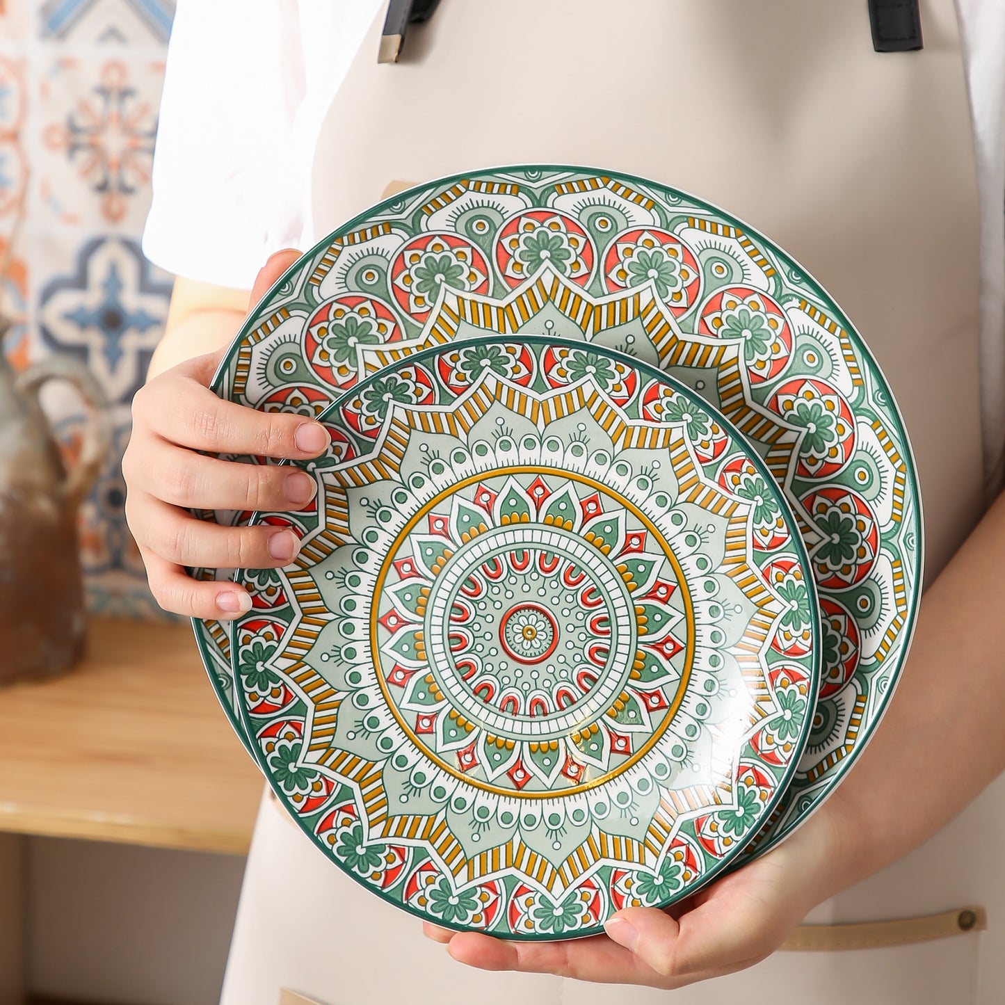 Pre-Order Set Bộ Đồ Ăn Bằng Sứ Màu Xanh Lá Cây Họa Tiết Boho - Cocolilistore
