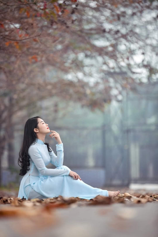 Ao dai lua chiffon 4 ta mau xanh blue - Cocolilistore