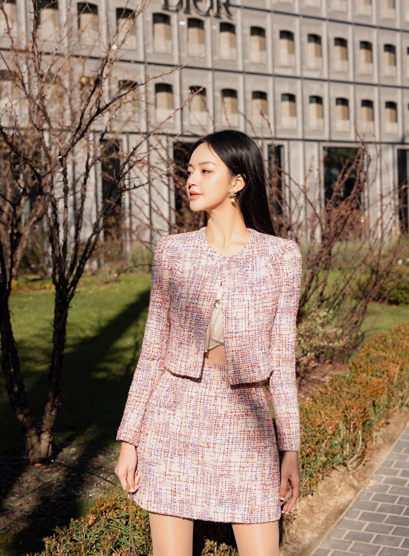KN21- shipnhanh - set váy dạ chữ A chất tweed hồng xước thiết kế kanel - Cocolilistore
