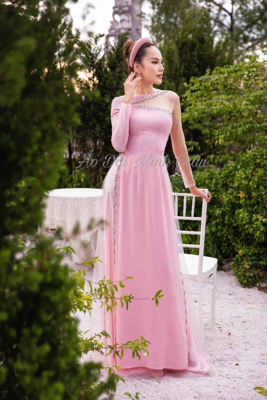 S07 shipnhanh Áo dài thiết kế chiffon 4 tà phối tay voan đính kết màu hồng phấn 1954 - Cocolilistore