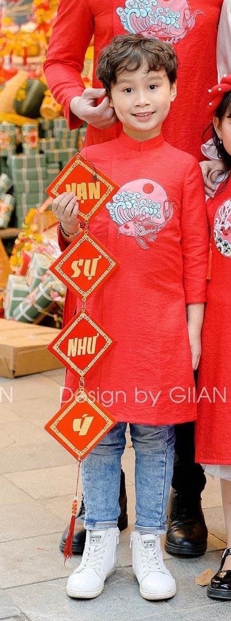 664 shipnhanh Áo dài bé trai thêu cá chép màu đỏ - Cocolilistore