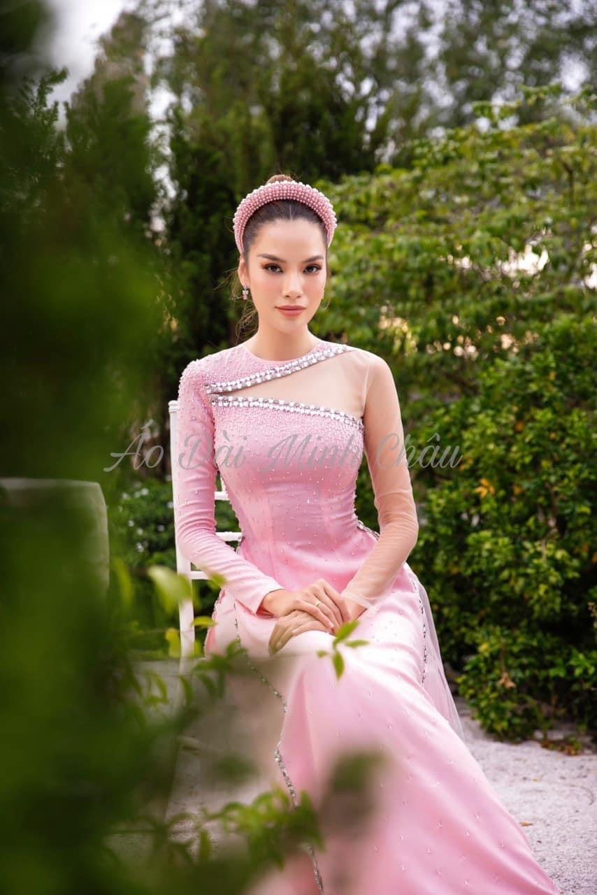 S07 shipnhanh Áo dài thiết kế chiffon 4 tà phối tay voan đính kết màu hồng phấn 1954 - Cocolilistore