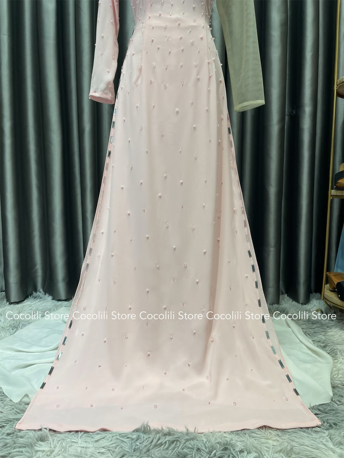 S07 shipnhanh Áo dài thiết kế chiffon 4 tà phối tay voan đính kết màu hồng phấn 1954 - Cocolilistore