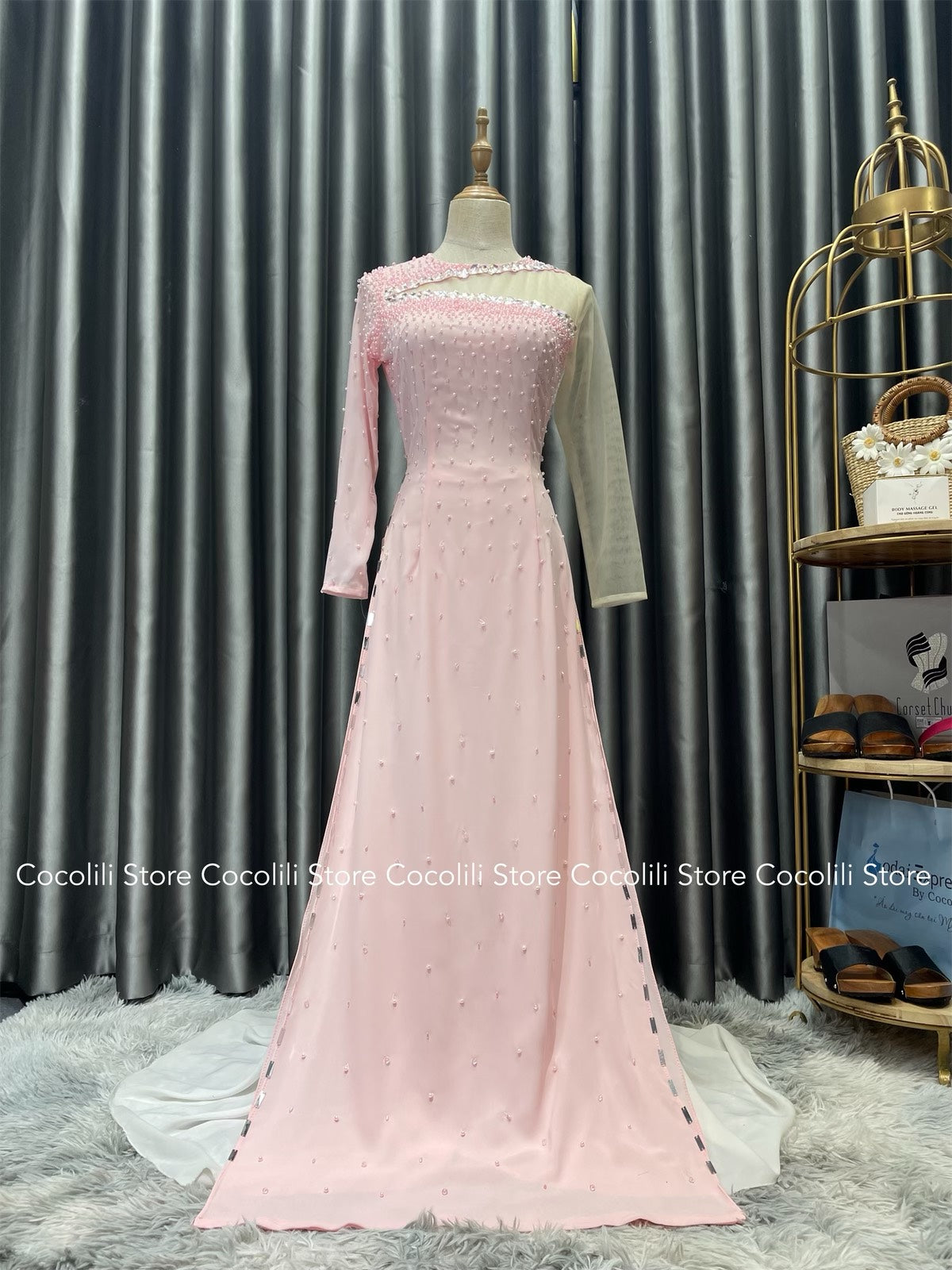 S07 shipnhanh Áo dài thiết kế chiffon 4 tà phối tay voan đính kết màu hồng phấn 1954 - Cocolilistore