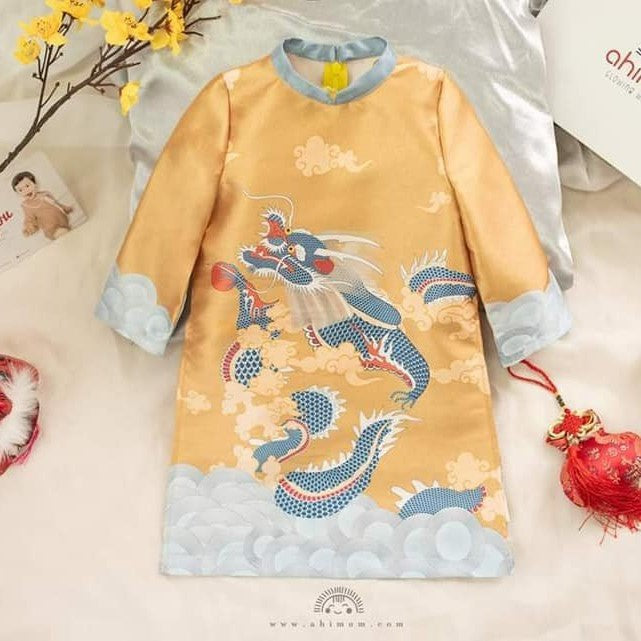 shipnhanh Only áo - Áo dài bé trai gấm in rồng 3D màu đỏ/vàng - Cocolilistore