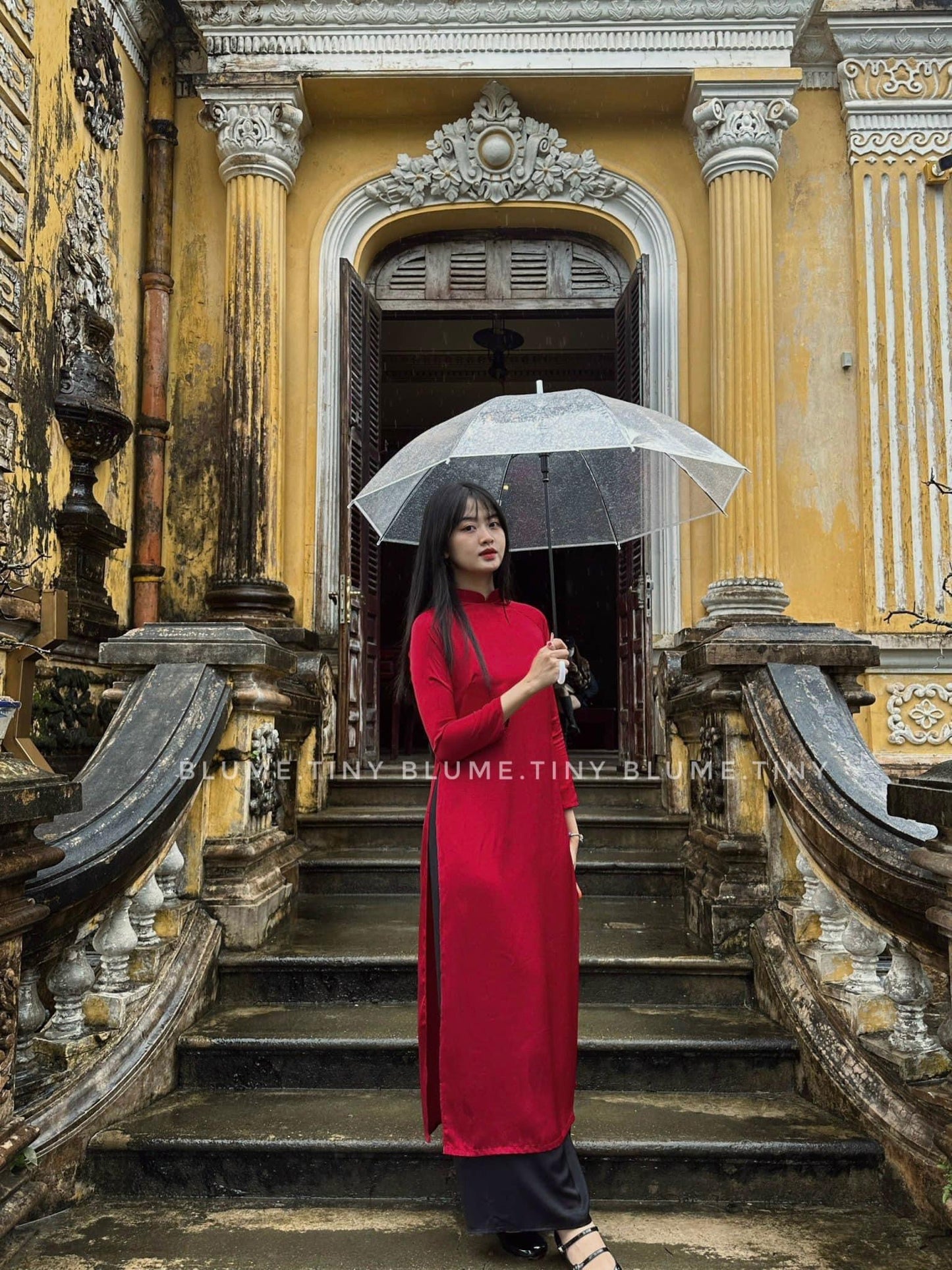 CT27 3158 only áo - Áo dài lụa tây thi cách tân 115cm dáng suông màu đỏ đô