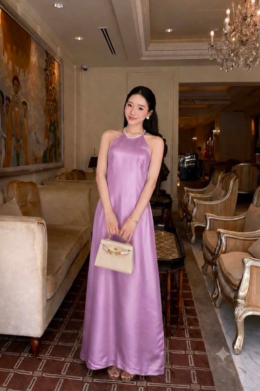 Y32 4430 - Đầm cổ yếm lụa double silk màu hồng tím