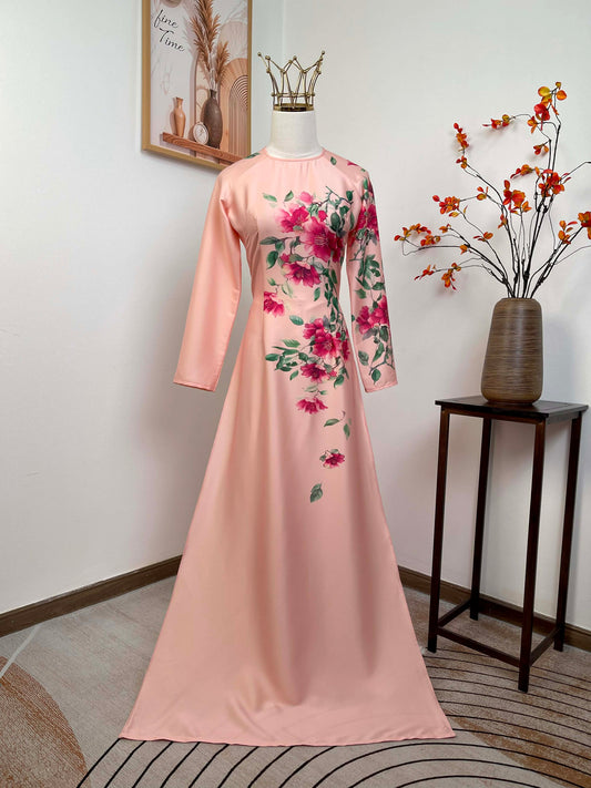 H455 1907 Áo only - Áo dài lụa ánh sao màu hồng