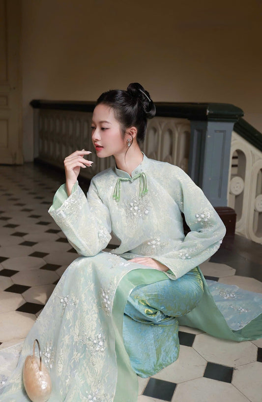 K293 Áo only no pants - Áo dài dáng suông kiíma màu xanh cao cấp