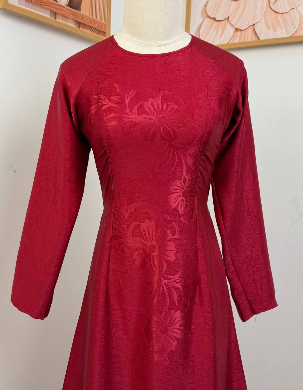 K121 5357 Áo only no pants - Áo dài truyền thống chiết li eo lụa indo 4D màu đỏ