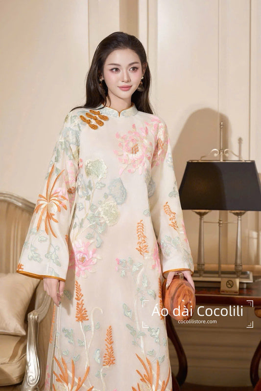 M322 2414 Áo + quần nhũ cam - Áo dài dáng suông tơ thêu 4 tà trắng cam