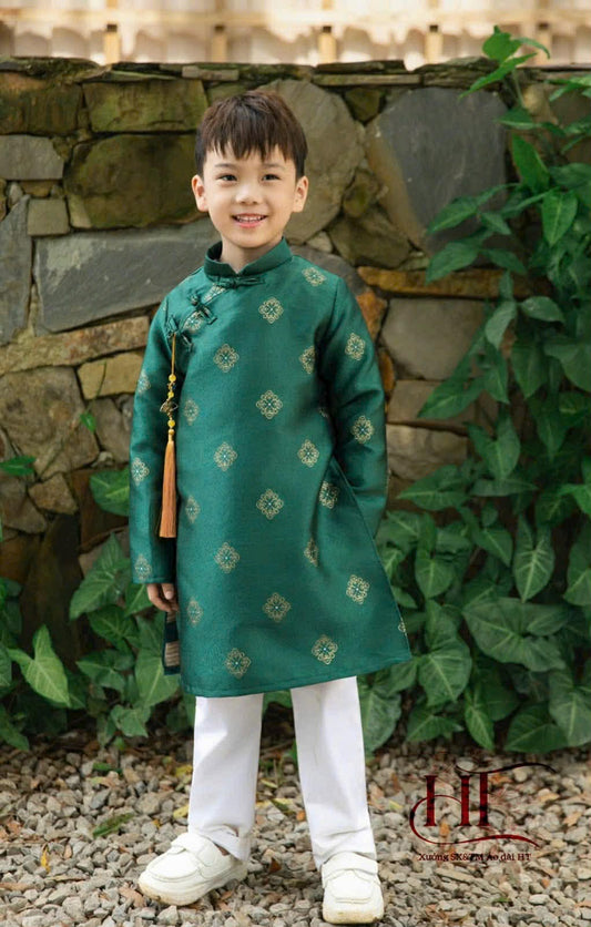 BT61 1729 Áo only - Áo dài bé trai Tuyết Mai màu xanh lá