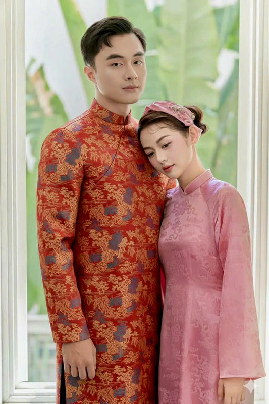 B112 2096 Áo only - Áo dài nam gấm đỏ