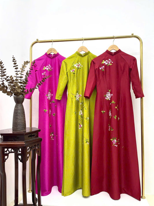 T473 Áo only - Áo dài lụa ánh sao thêu màu xanh cốm