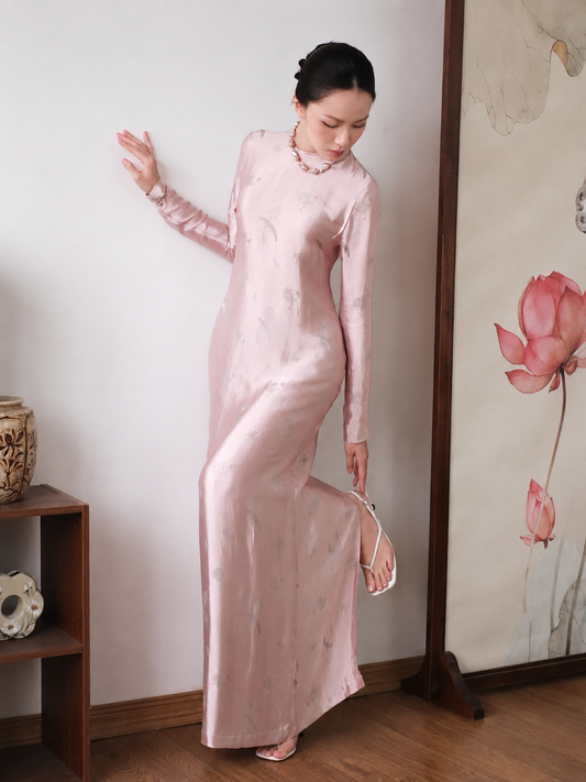 V20 4480 - Đầm lụa nha xá tay dài màu hồng