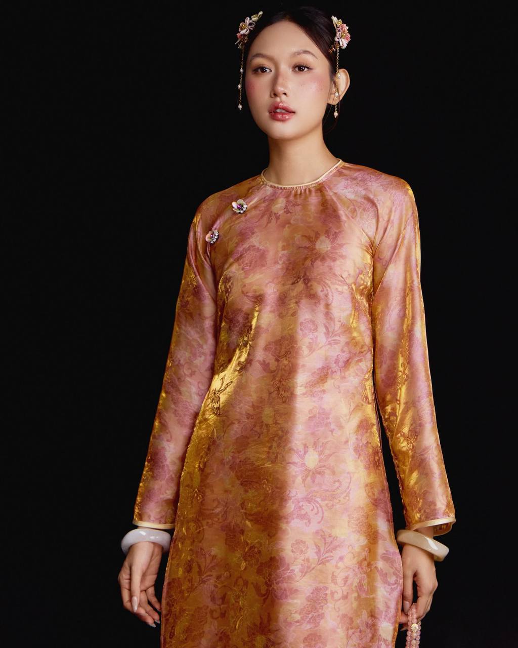 K181 Áo + quần nhũ paris - Áo dài dáng suông tơ in hồng