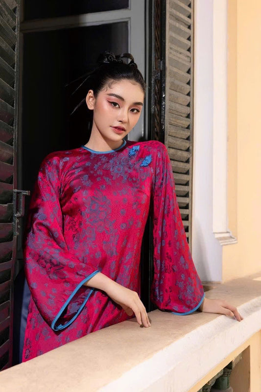 H737 4064 Áo only no pants - Áo dài dáng suông 2 tà lụa silk óng tuyết mai