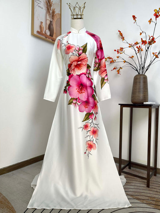 H420 1948 Áo only - Áo dài lụa ánh sao màu trắng in hoa to