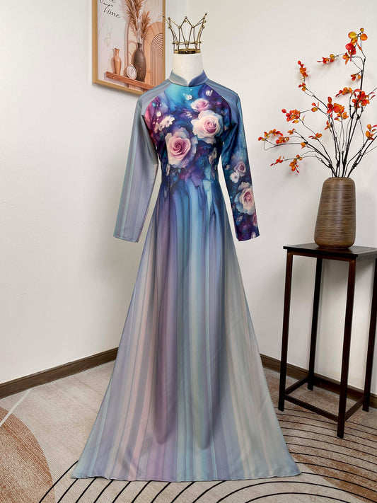 H464 1914 Áo only - Áo dài lụa ánh sao màu xanh dương