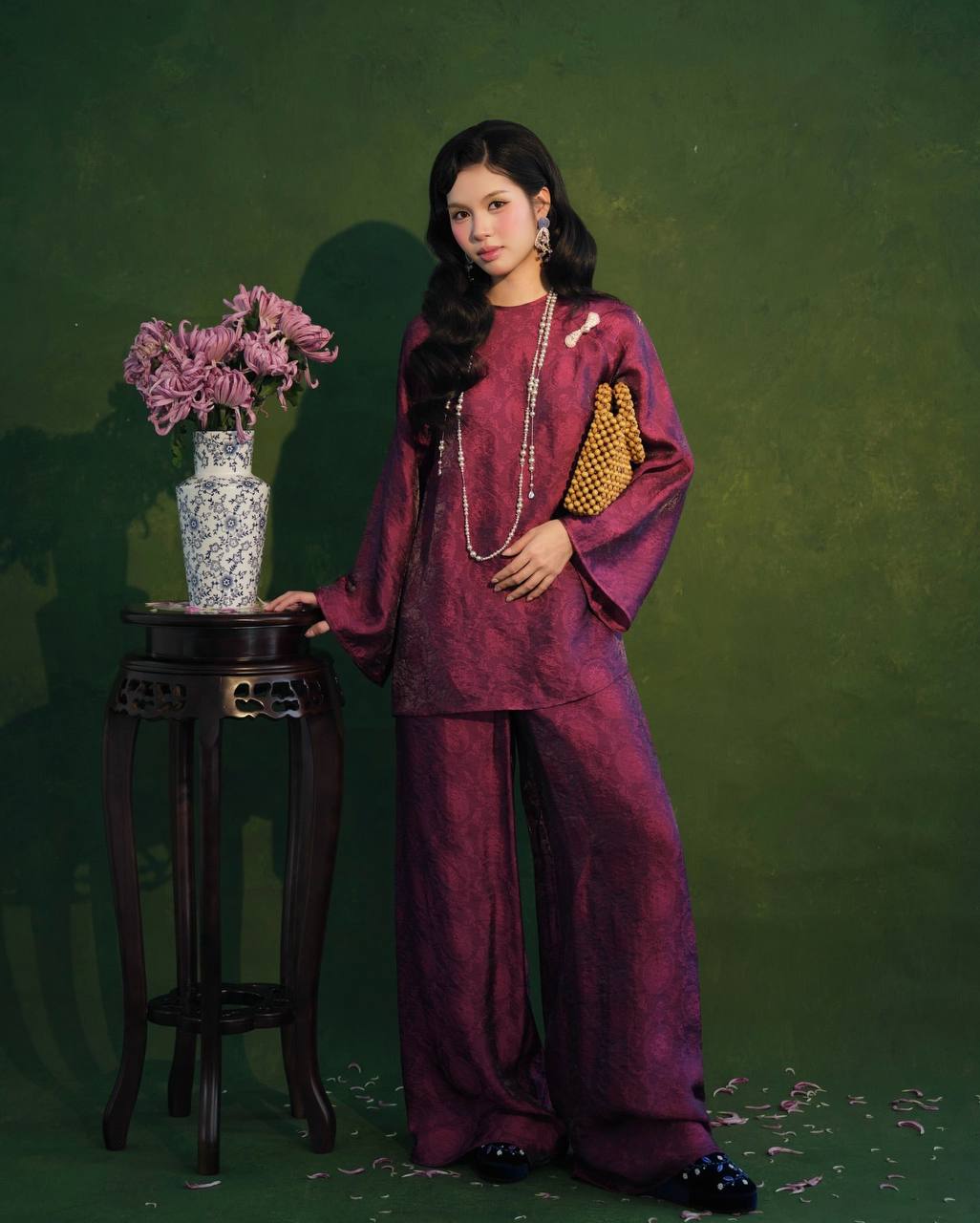 BB319 - Set bà ba lụa tam liên màu tím cẩm
