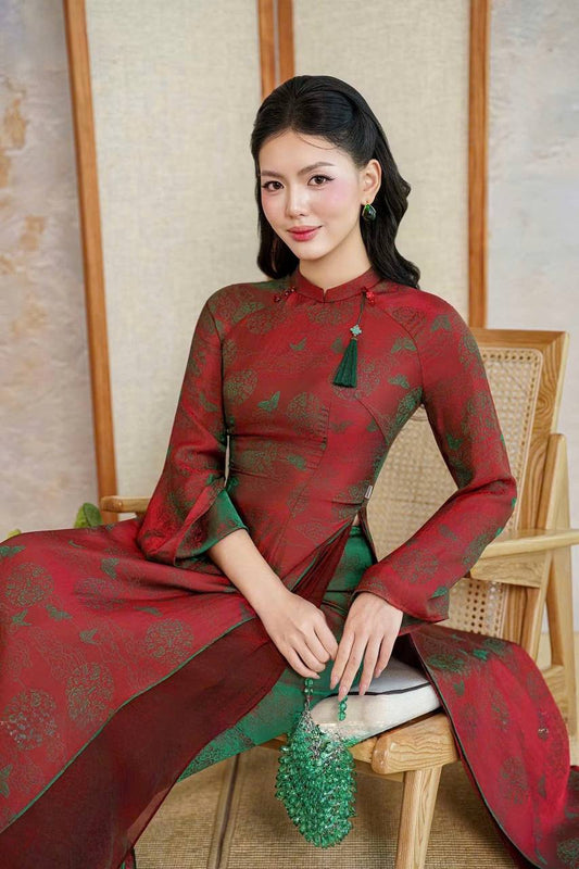 K251 5834 Áo + quần cùng chất - Áo dài dáng truyền thống chiết eo 4 tà lụa tằm tam liên