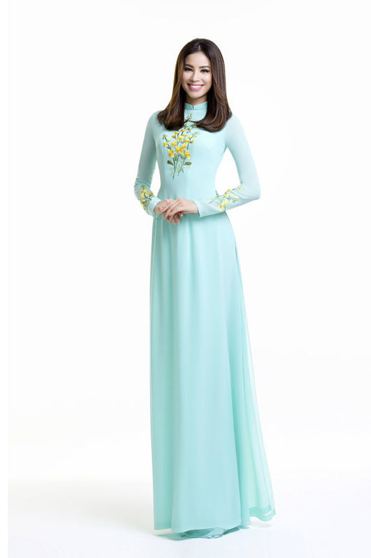 C63 5075 Áo + quần chiffon - Áo dài chiffon 4 tà màu xanh ngọc thêu hoa